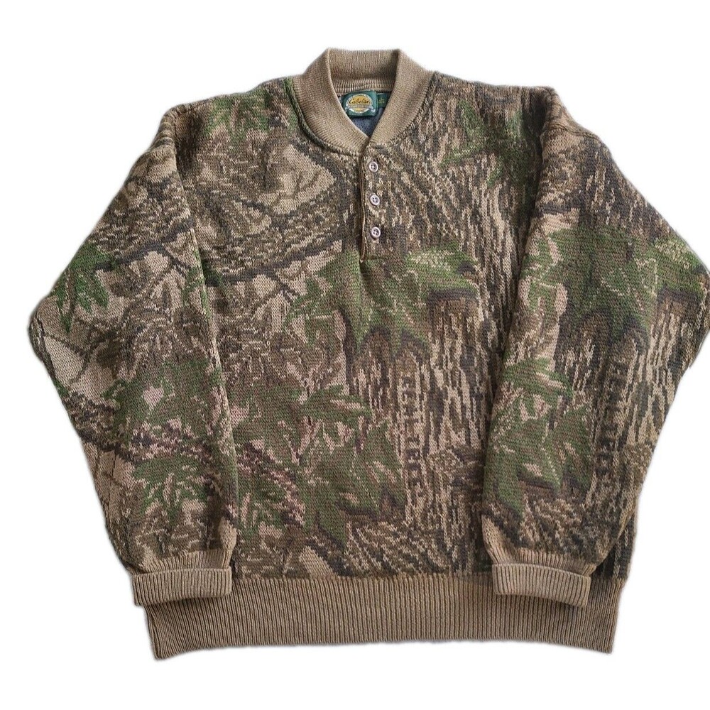 VTG Cabela's L 100% Wool Realtree Camo Gore Windstopper Hunting Henley USA